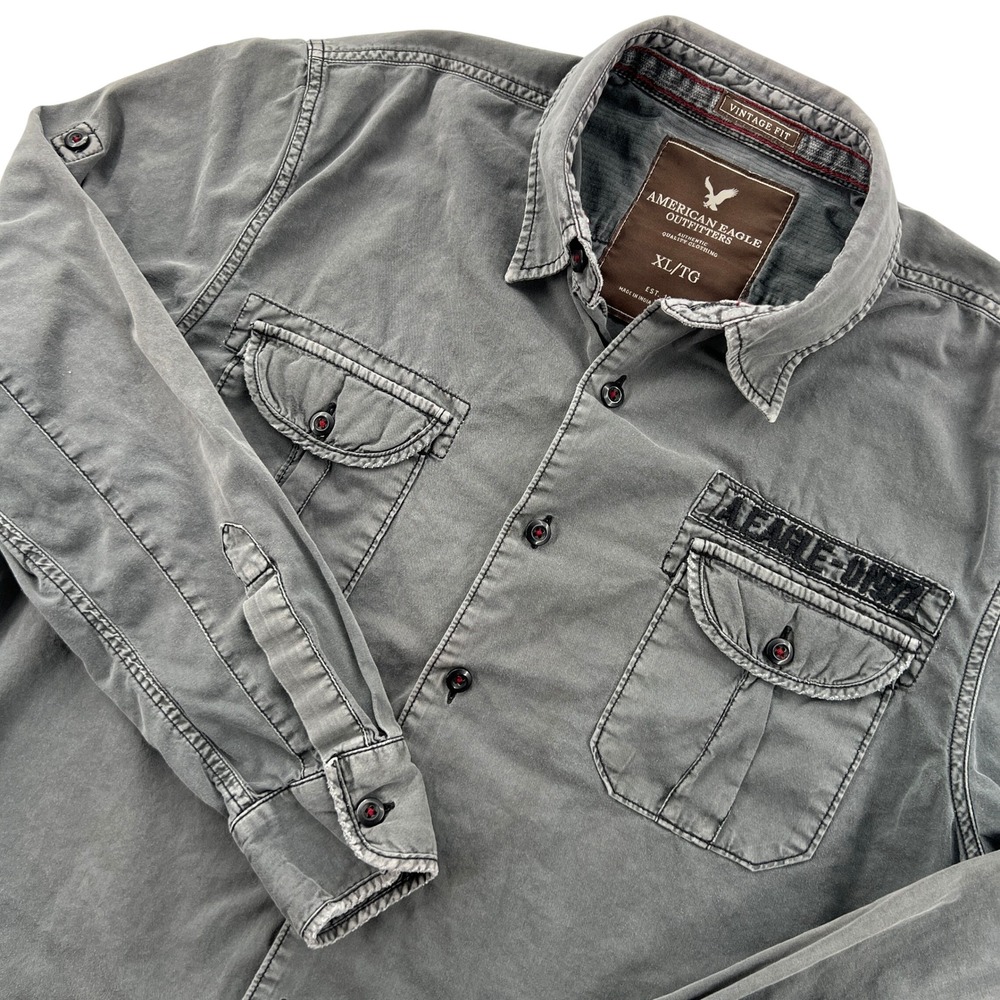 VTG American Eagle Military Shirt Mens XL Washed Gray Long Sleeve Vintage Fit